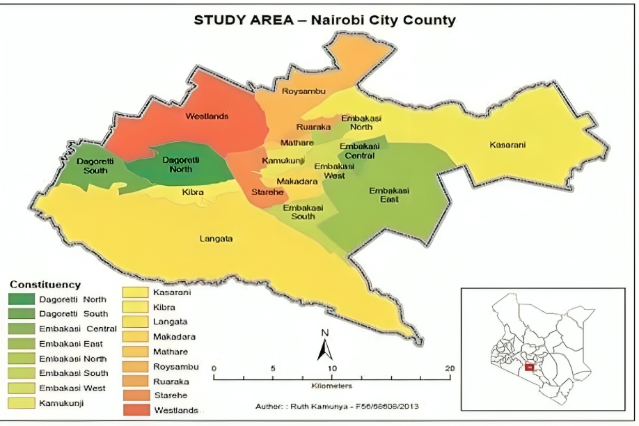 Map of Nairobi County Showing all the 17 Sub-Counties / Constituencies