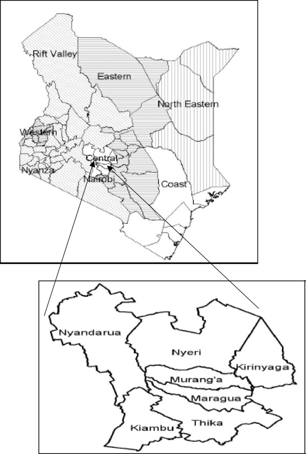 Map of Kenya with main provinces and all districts in Central Kenya