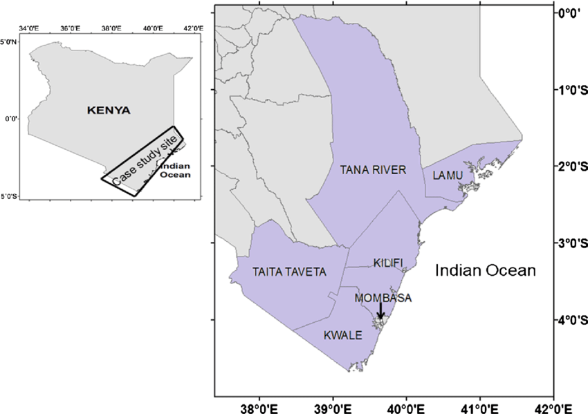 Map of coast region of Kenya, covering the six coastal counties.